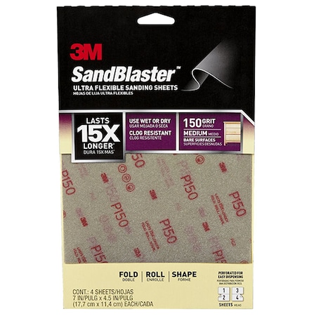 3M 7" x 4-1/2" SandBlaster Ultra Flexible Sanding Sheet 150-Gr Medium 4Pk 28150SB-UF4